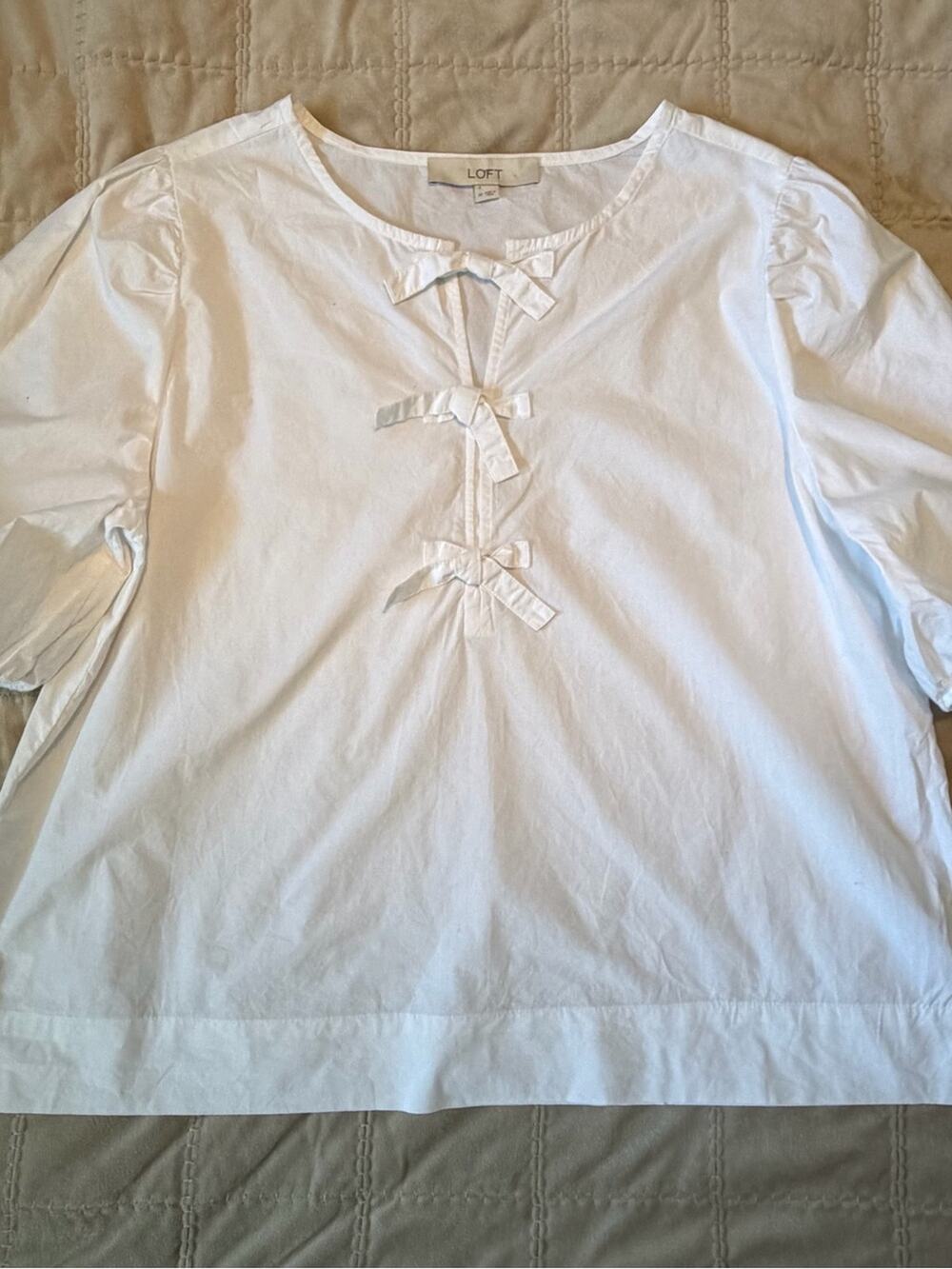LOFT White Bow-Detail Cottagecore Preppy Cotton Blouse - 069